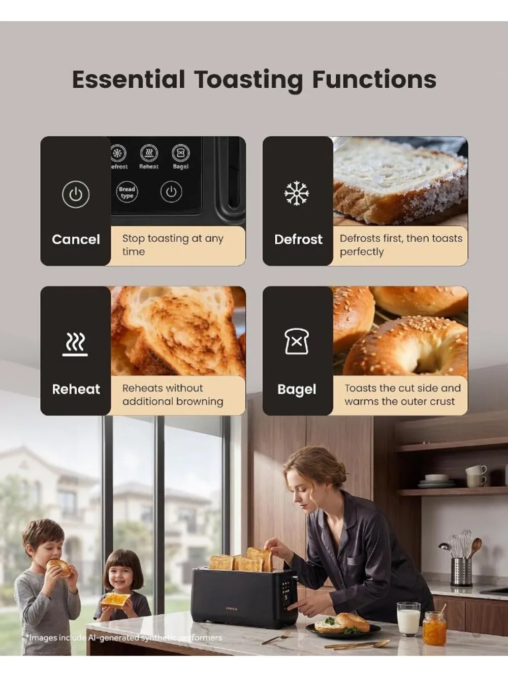 4 Slice Black Stainless Steel Long Slot Touch Screen Retro with Digital Toaster